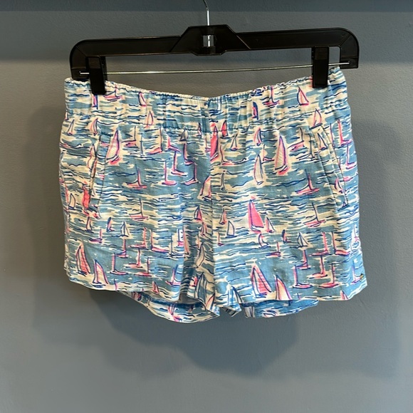 Lilly Pulitzer Small Blue BOATYLICIOUS LILO SHORTS Linen Pull-On Sailboats - Picture 2 of 5